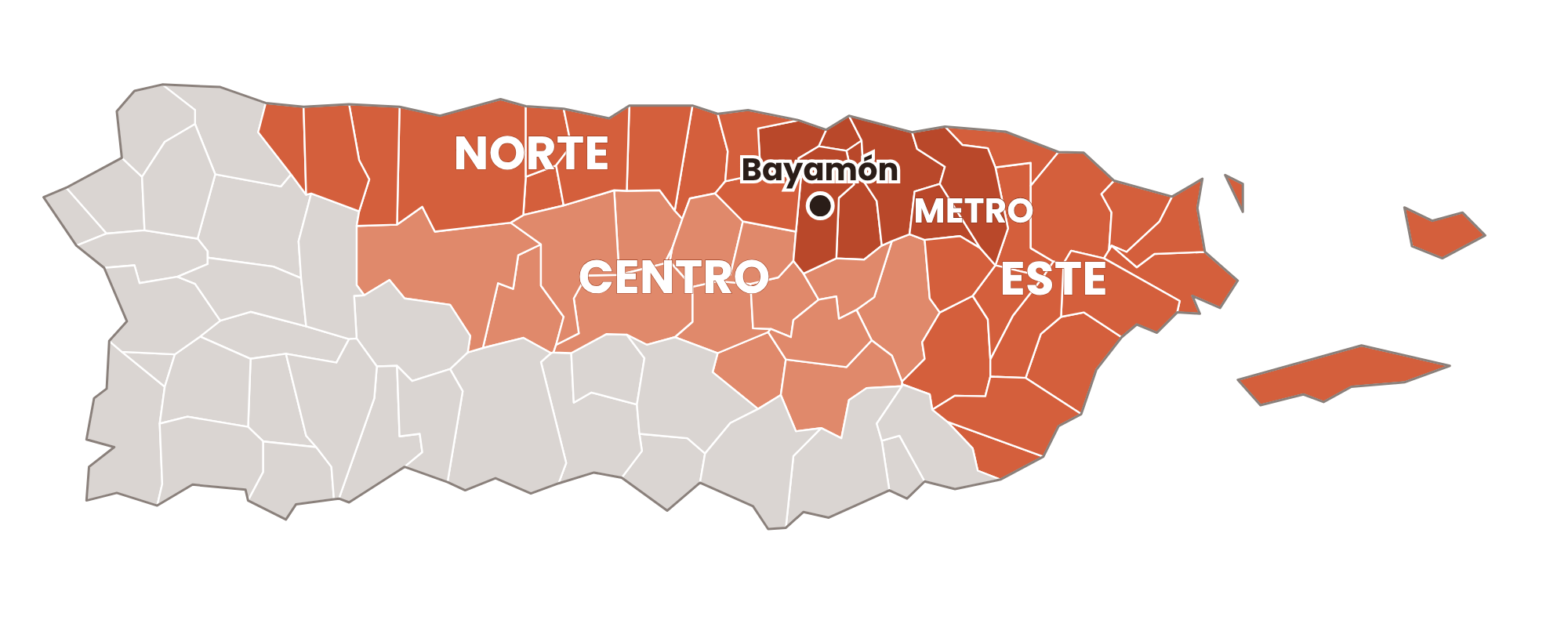 Mapa de Puerto Rico con las áreas metro, centro, este y norte resaltadas y Bayamón señalado
